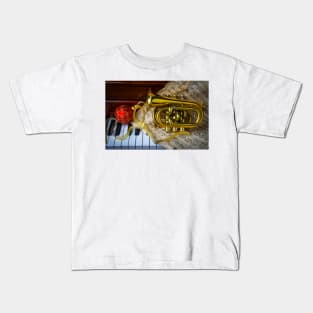 Pocket Trumpet On Piano And Sheet Music Kids T-Shirt